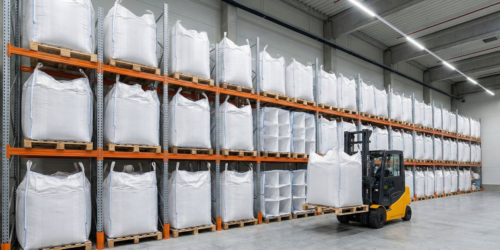Modern high-bay warehouse in a logistics property, filled with white big bags (FIBC) on pallets. A yellow forklift lifts a pallet with two big bags for transport